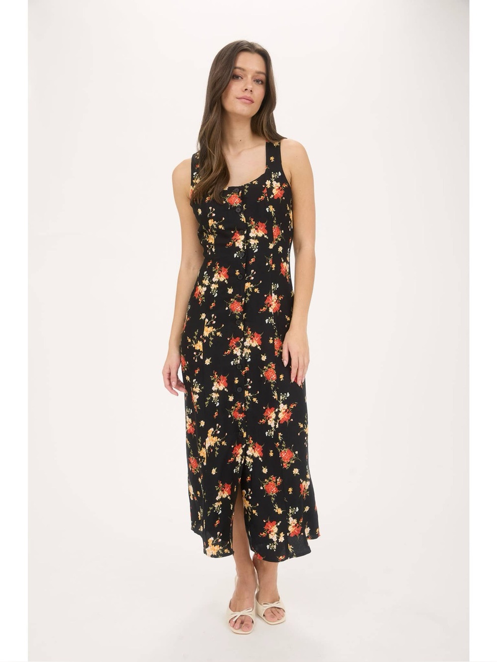 The Workshop Sleeveless Black Floral Maxi Dress with Front Slit